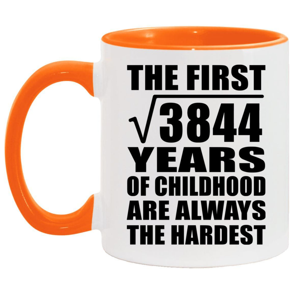 62nd Birthday Square Root of 3844 Years of Childhood - 11oz Accent Mug Orange