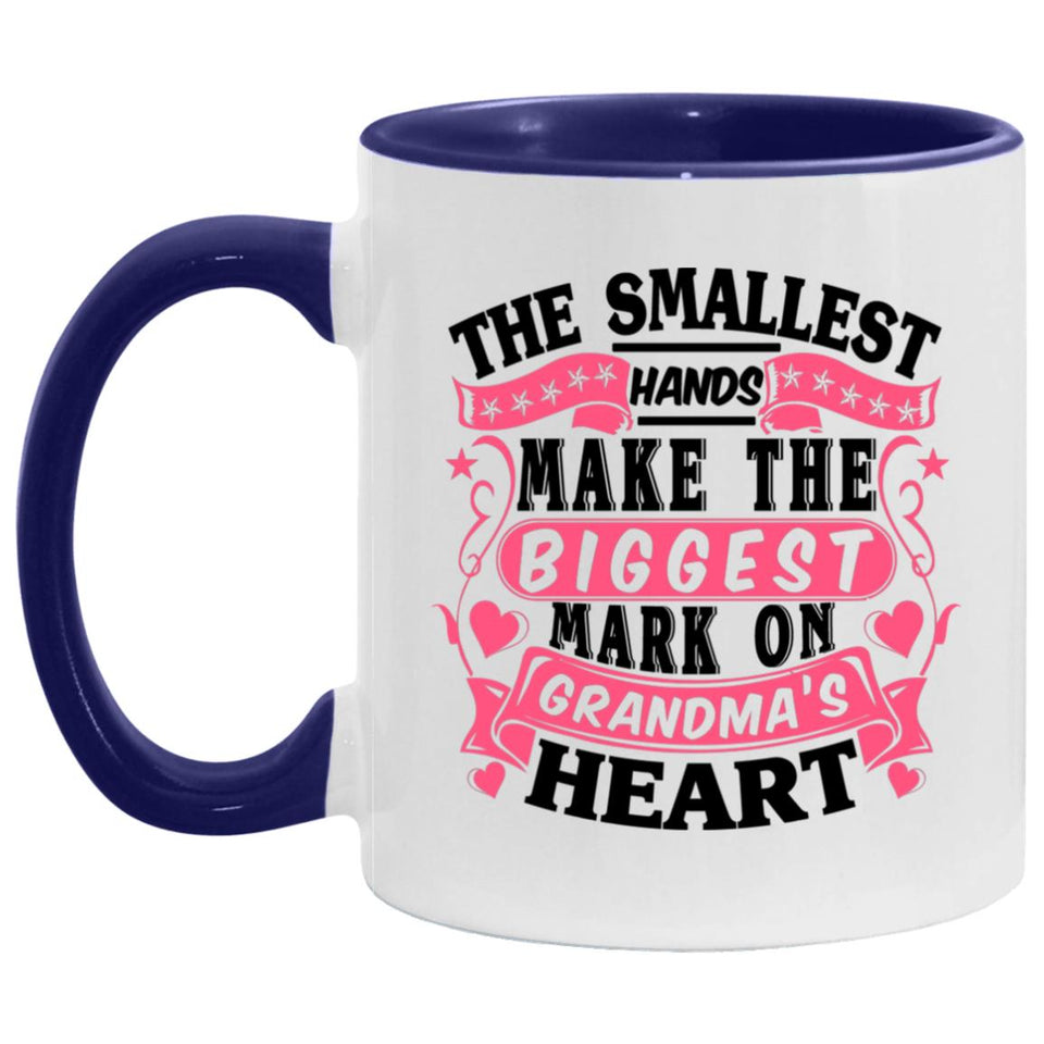 The Smallest Hands Make The Biggest Mark On Grandma's Heart - 11oz Accent Mug Purple