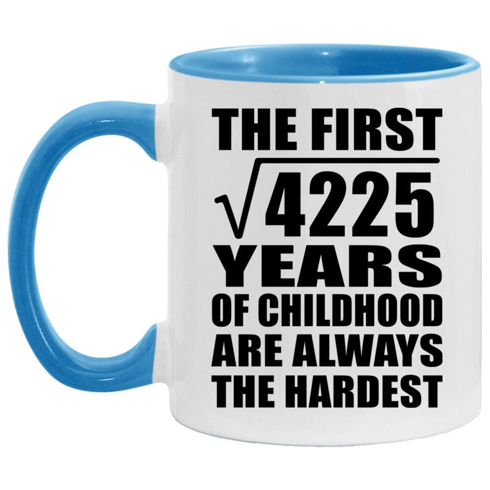 65th Birthday Square Root of 4225 Years of Childhood - 11oz Accent Mug Blue