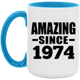 50th Birthday Amazing Since 1974 - 15oz Accent Mug Blue