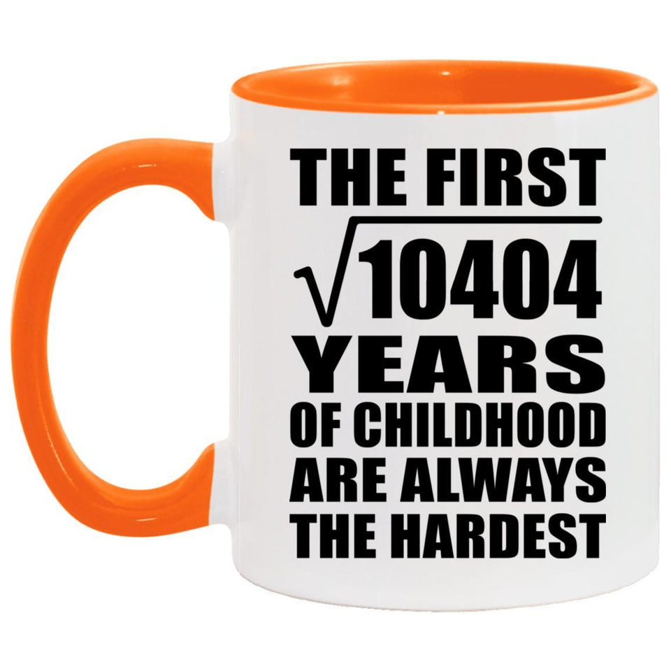 102nd Birthday Square Root of 10404 Years of Childhood - 11oz Accent Mug Orange