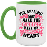 The Smallest Hands Make The Biggest Mark On Grandma's Heart - 15oz Accent Mug Green