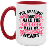 The Smallest Hands Make The Biggest Mark On Grandma's Heart - 15oz Accent Mug Red