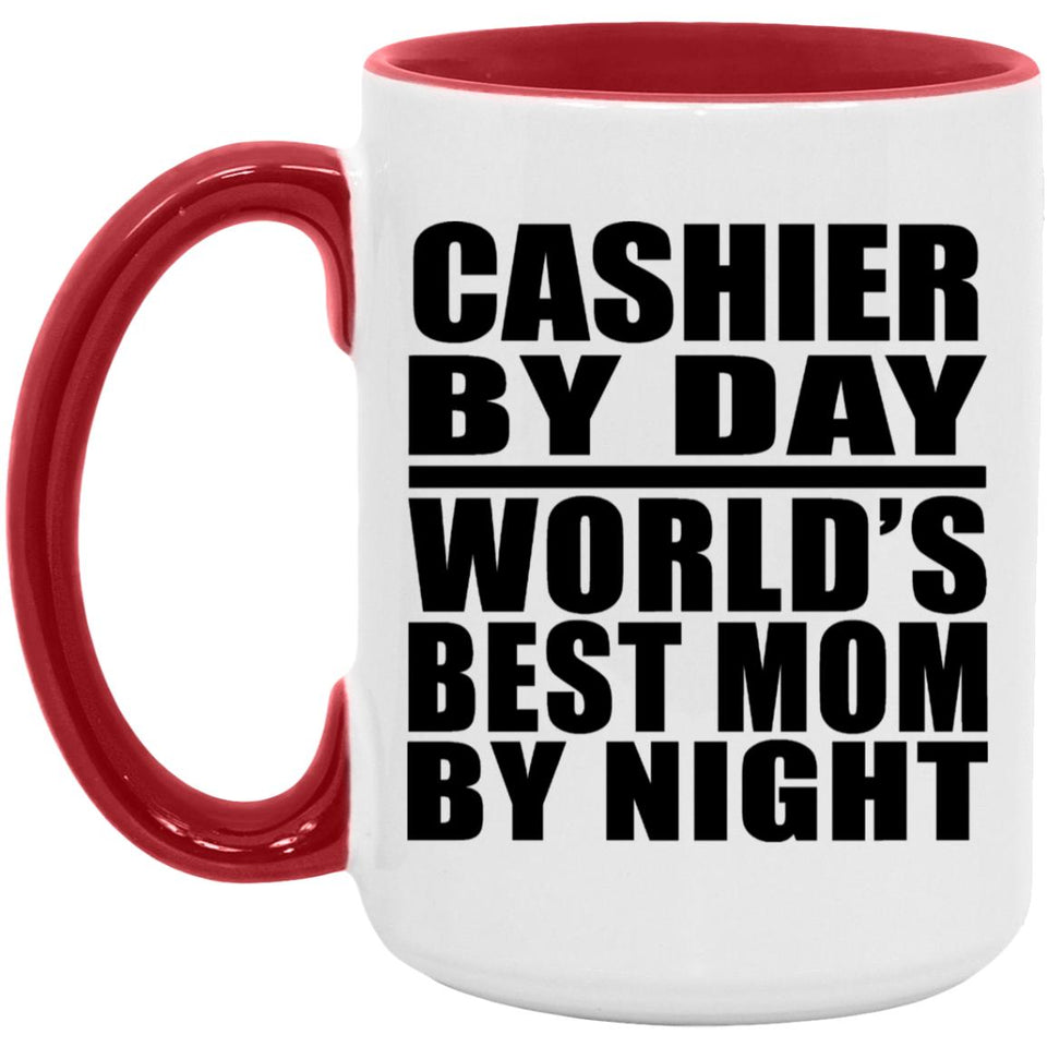 Cashier By Day World's Best Mom By Night - 15oz Accent Mug Red