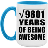 99th Birthday Square Root of 9801 Years of Being Awesome - 15oz Accent Mug Blue