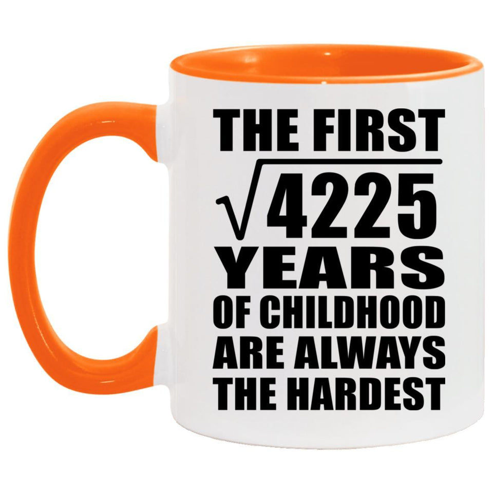 65th Birthday Square Root of 4225 Years of Childhood - 11oz Accent Mug Orange