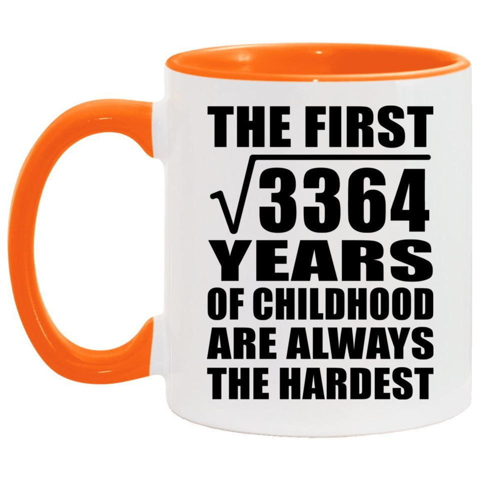 58th Birthday Square Root of 3364 Years of Childhood - 11oz Accent Mug Orange