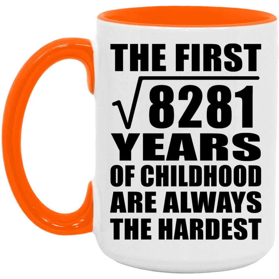 91st Birthday Square Root of 8281 Years of Childhood - 15oz Accent Mug Orange
