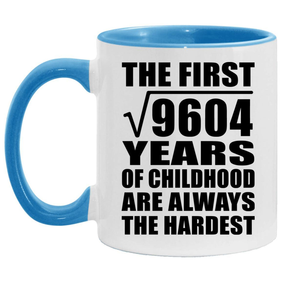 98th Birthday Square Root of 9604 Years of Childhood - 11oz Accent Mug Blue