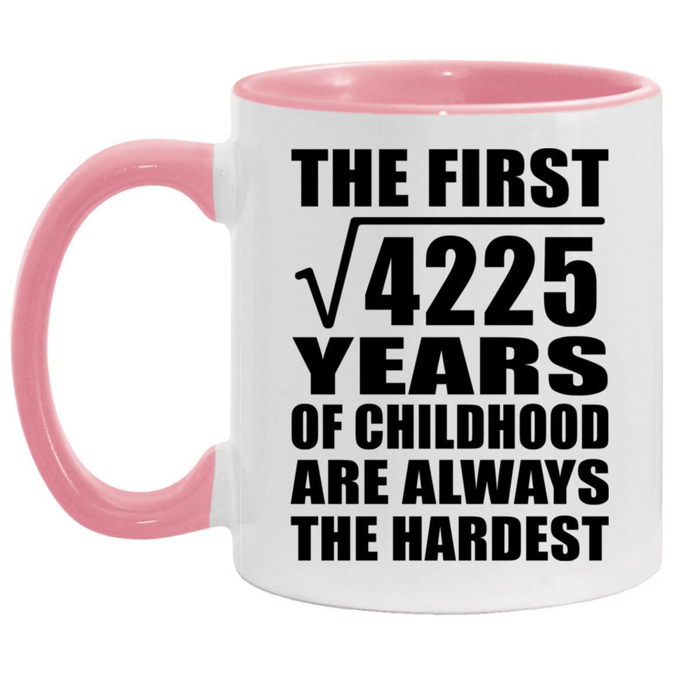 65th Birthday Square Root of 4225 Years of Childhood - 11oz Accent Mug Pink