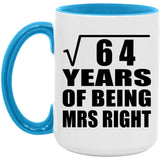 8th Anniversary Square Root of 64 Years of Being Mrs Right - 15oz Accent Mug Blue