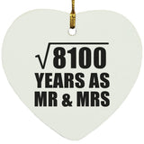 90th Anniversary Square Root of 8100 Years As Mr & Mrs - Heart Ornament