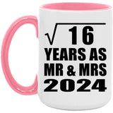 4th Anniversary Square Root of 16 Years As Mr & Mrs 2024 - 15oz Accent Mug Pink