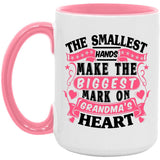 The Smallest Hands Make The Biggest Mark On Grandma's Heart - 15oz Accent Mug Pink