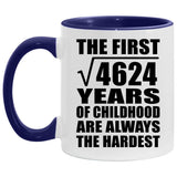68th Birthday Square Root Of 4624 Years Of Childhood - 11oz Accent Mug Purple