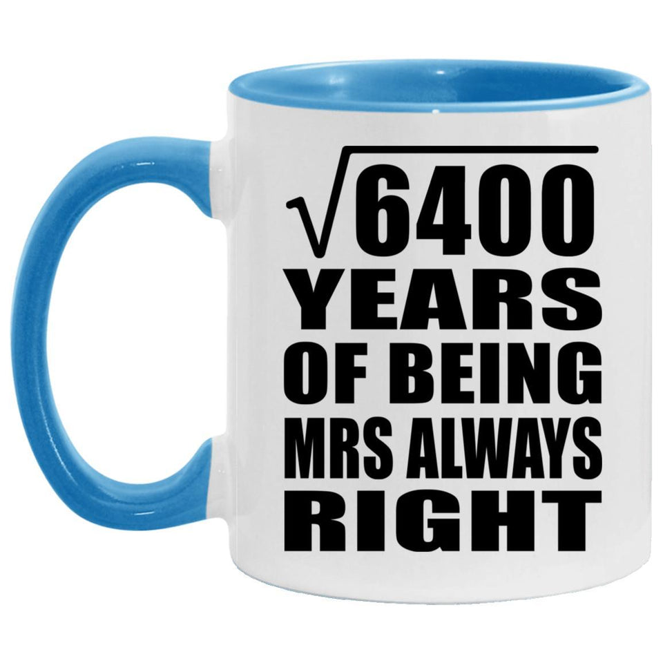 80th Anniversary Square Root of 6400 Years Mrs Always Right - 11oz Accent Mug Blue