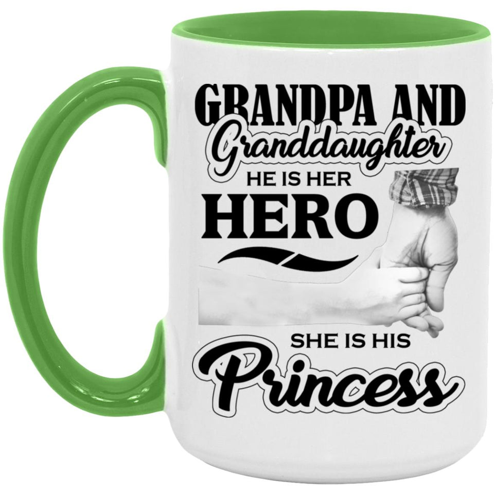 Grandpa & Granddaughter, He is Her Hero, She is His Princess - 15oz Accent Mug Green