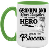 Grandpa & Granddaughter, He is Her Hero, She is His Princess - 15oz Accent Mug Green