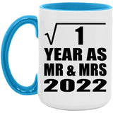 1st Anniversary Square Root of 1 Year As Mr & Mrs 2022 - 15oz Accent Mug Blue