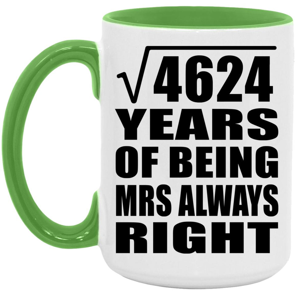 68th Anniversary Square Root of 4624 Years Mrs Always Right - 15oz Accent Mug Green
