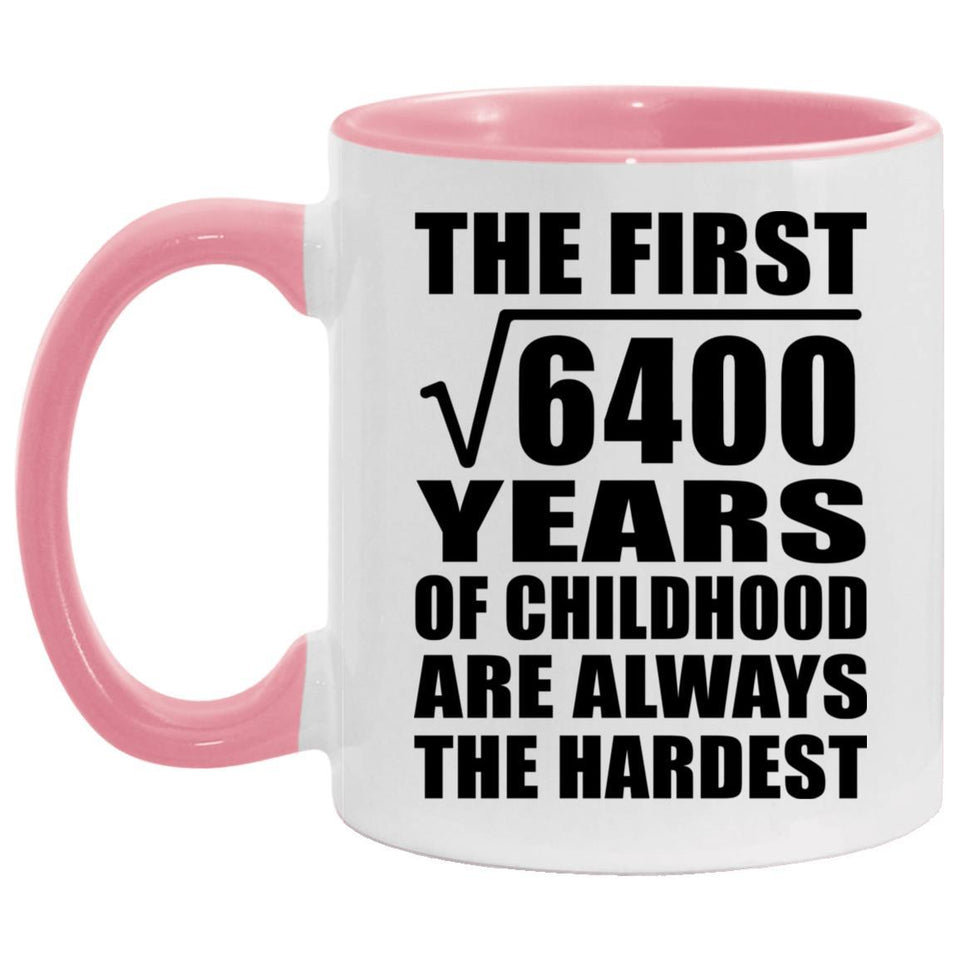 80th Birthday Square Root of 6400 Years of Childhood - 11oz Accent Mug Pink