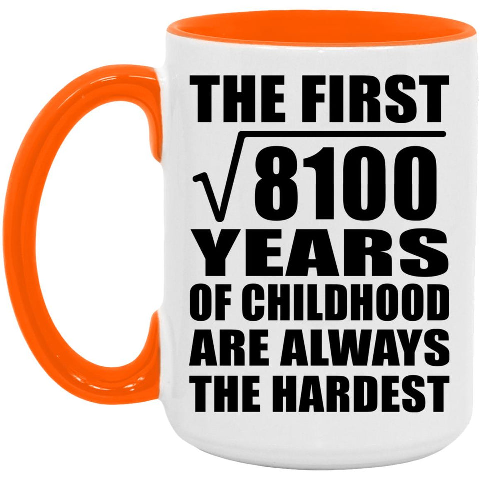 90th Birthday Square Root of 8100 Years of Childhood - 15oz Accent Mug Orange