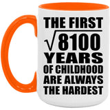 90th Birthday Square Root of 8100 Years of Childhood - 15oz Accent Mug Orange
