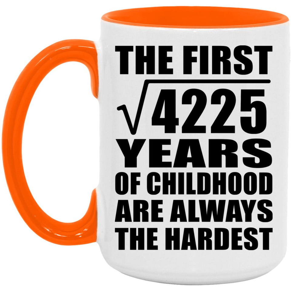 65th Birthday Square Root of 4225 Years of Childhood - 15oz Accent Mug Orange