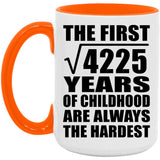 65th Birthday Square Root of 4225 Years of Childhood - 15oz Accent Mug Orange