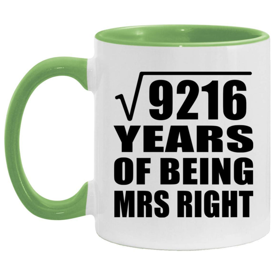 96th Anniversary Square Root of 9216 Years of Being Mrs Right - 11oz Accent Mug Green