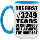 57th Birthday Square Root of 3249 Years of Childhood - 15oz Accent Mug Blue