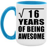 4th Birthday Square Root of 16 Years of Being Awesome - 15oz Accent Mug Blue