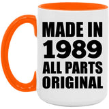 35th Birthday Made in 1989 All Parts Original - 15oz Accent Mug Orange
