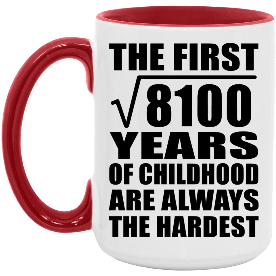 90th Birthday Square Root of 8100 Years of Childhood - 15oz Accent Mug Red