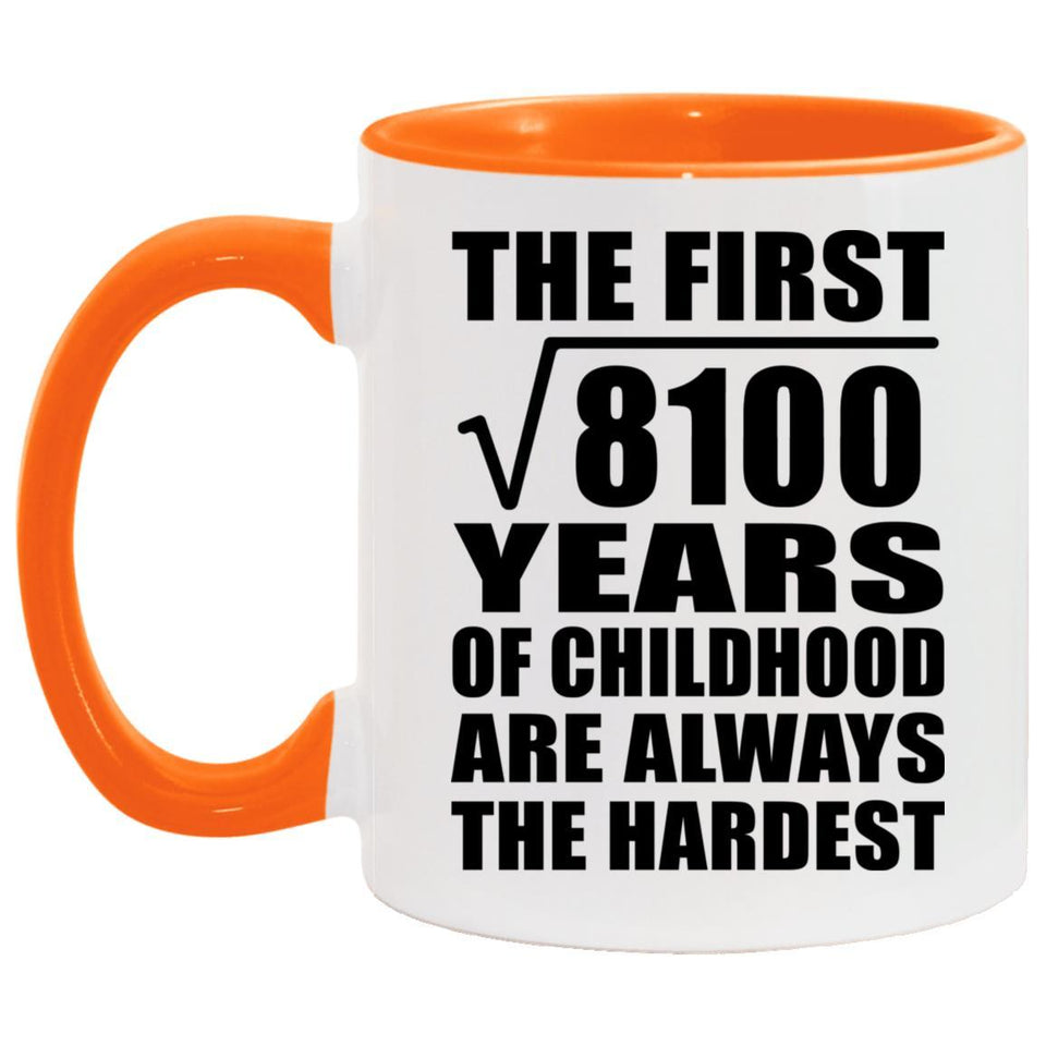 90th Birthday Square Root of 8100 Years of Childhood - 11oz Accent Mug Orange