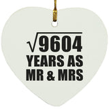 98th Anniversary Square Root of 9604 Years As Mr & Mrs - Heart Ornament