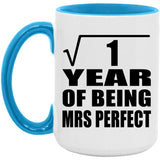 1st Anniversary Square Root of 1 Year of Mrs Perfect - 15oz Accent Mug Blue