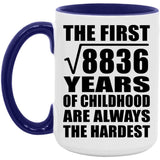 94th Birthday Square Root of 8836 Years of Childhood - 15oz Accent Mug Purple