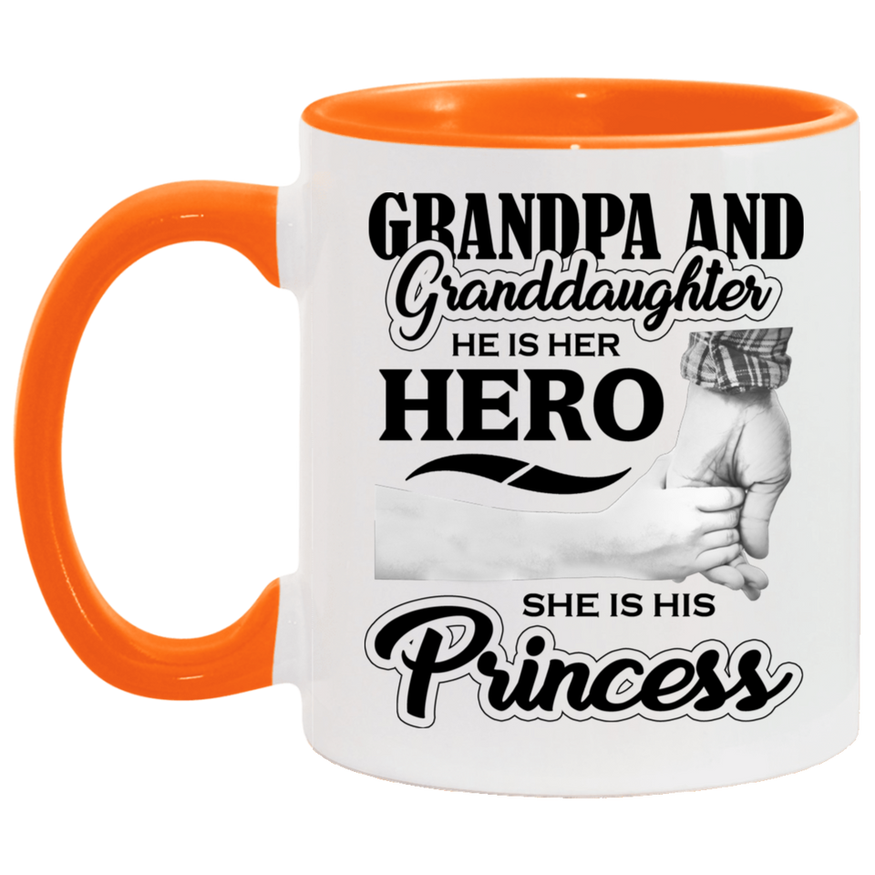 Grandpa & Granddaughter, He is Her Hero, She is His Princess - 11oz Accent Mug Orange