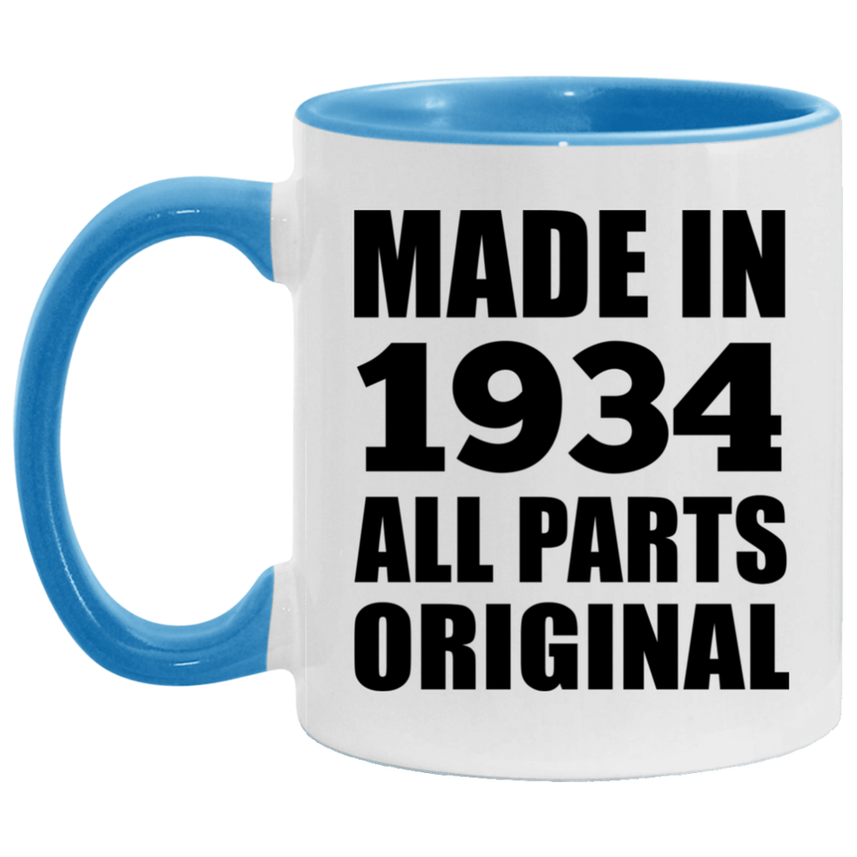 90th Birthday Made in 1934 All Parts Original - 11oz Accent Mug Blue