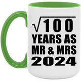 10th Anniversary Square Root of 100 Years As Mr & Mrs 2024 - 15oz Accent Mug Green