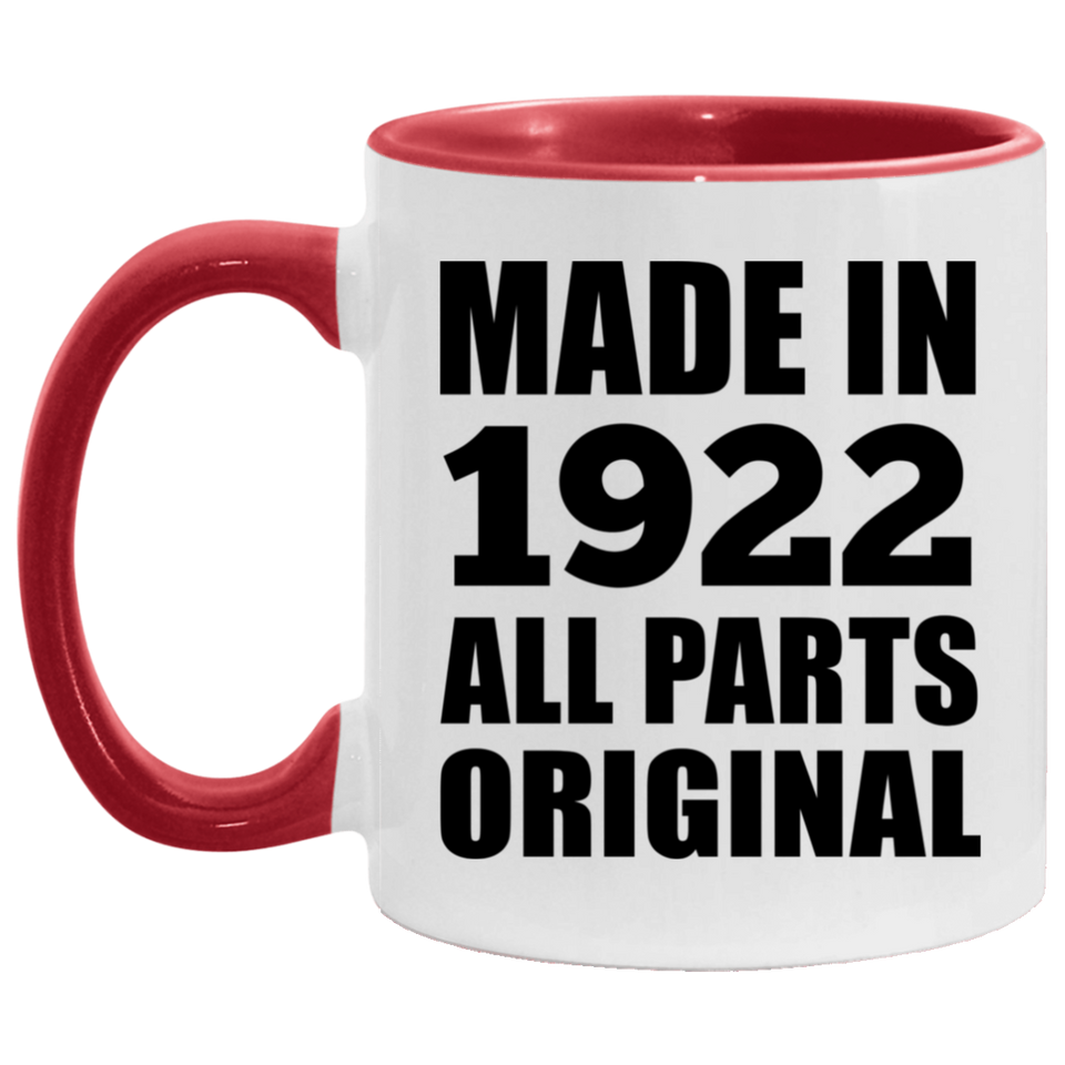 102nd Birthday Made in 1922 All Parts Original - 11oz Accent Mug Red