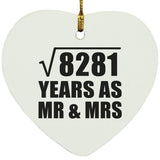 91st Anniversary Square Root of 8281 Years As Mr & Mrs - Heart Ornament
