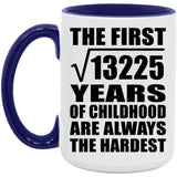 115th Birthday Square Root of 13225 Years of Childhood - 15oz Accent Mug Purple