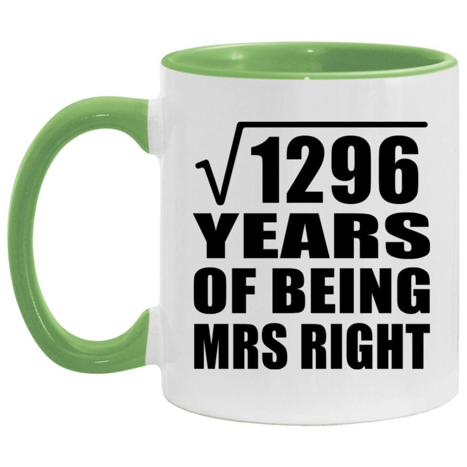 36th Anniversary Square Root of 1296 Years of Being Mrs Right - 11oz Accent Mug Green