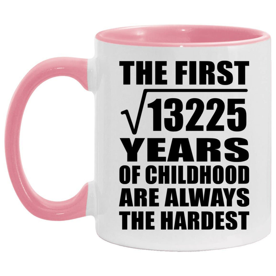 115th Birthday Square Root of 13225 Years of Childhood - 11oz Accent Mug Pink
