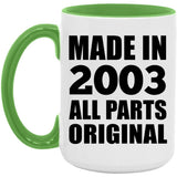 21st Birthday Made in 2003 All Parts Original - 15oz Accent Mug Green