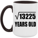 115th Birthday Square Root of 13225 Years Old - 15oz Accent Mug Black